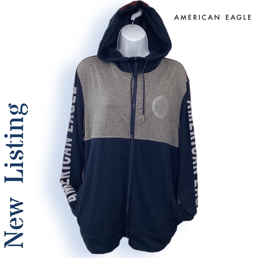 American Eagle M Hoodie Navy Gray Full Front Zip & Zip Pockets Unisex